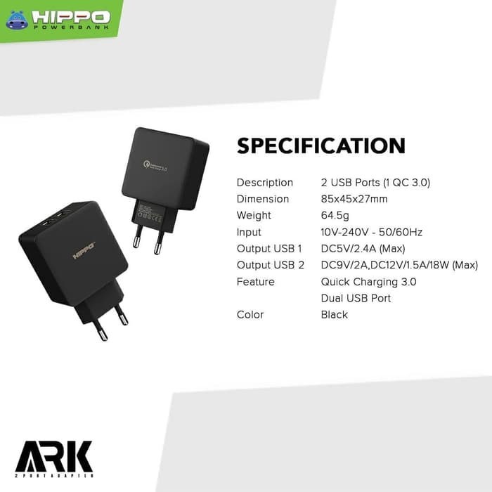 Hippo Ark 2 Adaptor Charger Quick Charge 3.0 Total 30W