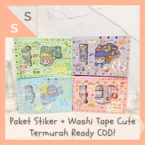 

[simplyshop] Pack 10 Lembar Pcs Sticker Box + 4 roll Selotip Deco Washi Tape Stiker Set MOMO SENMU YSR001 Transparan Waterproof Pastel Jurnal