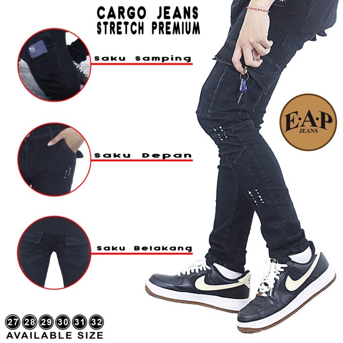 celana jeans pria Celana jeans stretch cargo denim panjang pria terbaru kualitas premium - Hitam, 27