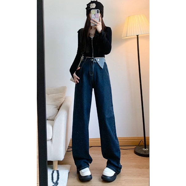 Celana Jeans Panjang Wanita Retro Desain Tombol Loose Wide Leg High Waist Jeans Korean Style