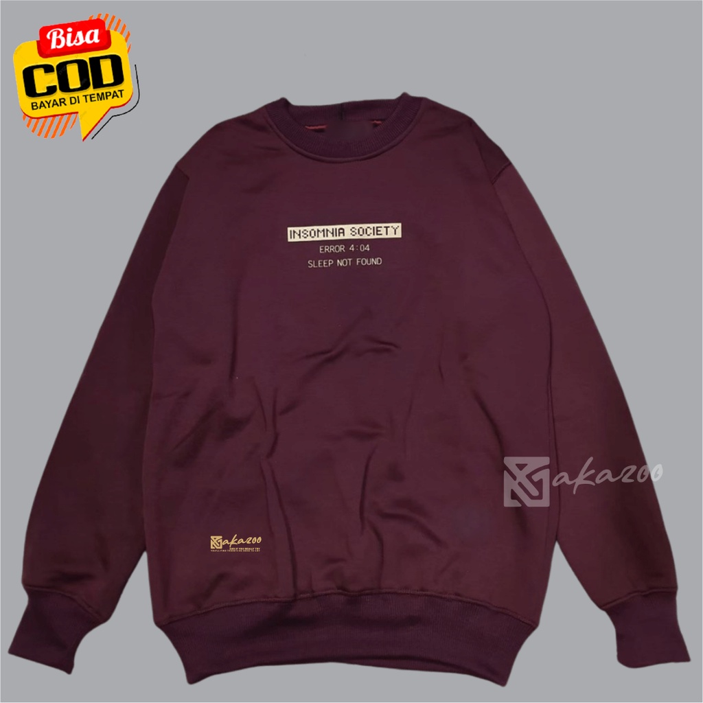 ocrewneck distro oversize pria Sablon INSOMNIA Warna Maroon crewneck kerah tinggi sweater oblong jumbo xxl crewneck hitam akazo