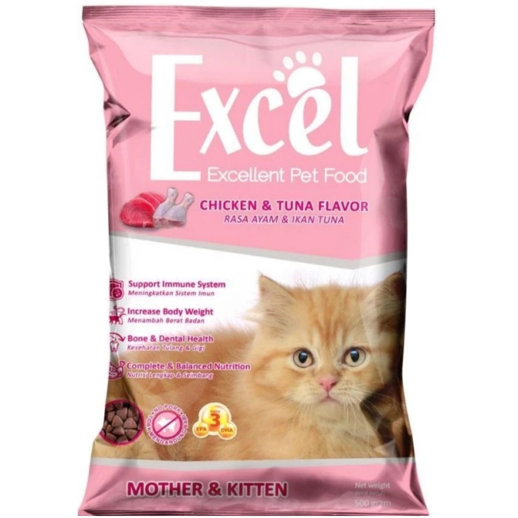 Makanan/Pakan kucing kering (Dry food) EXCEL excellent Mother&amp;Kitten rasa ayam&amp;ikan tuna freshpack 500gram