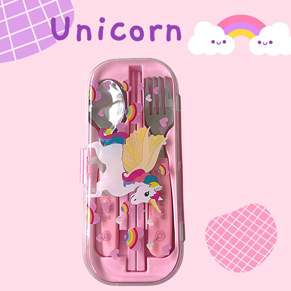 Set Alat Makan Pony Dengan Sumpit Garpu Sendok Unicorn Pergi Tempat