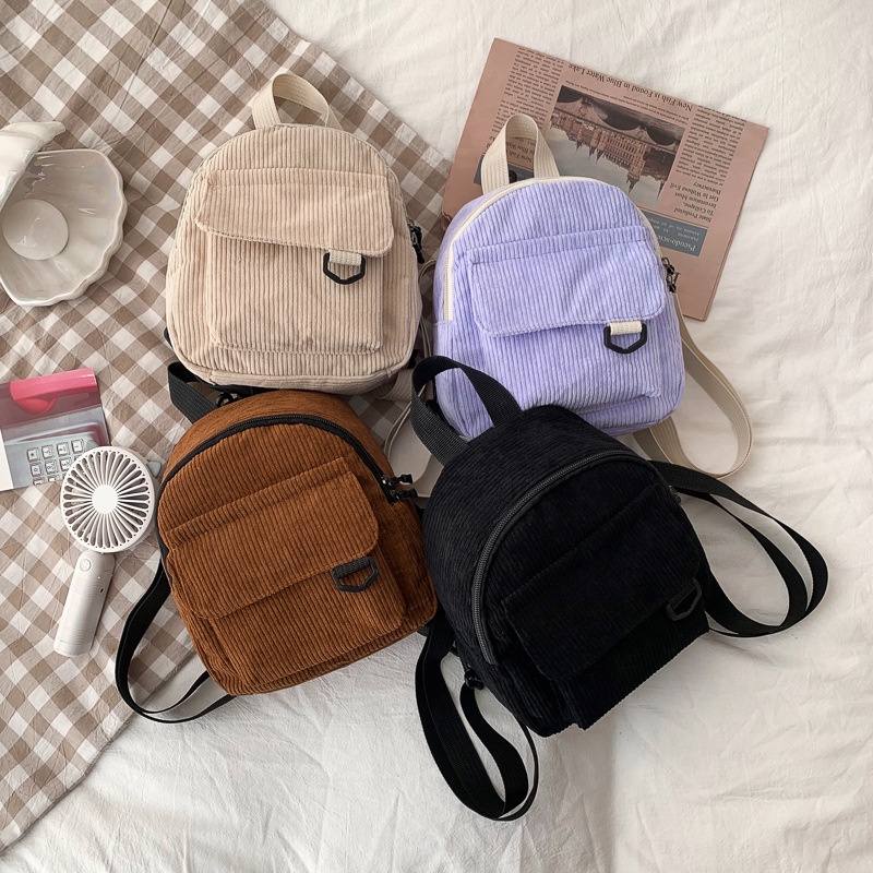 NESSIE Backpack Mini Corduroy Tas Ransel Brown Black Kekinian OOTD Lucu Kecil Bag Vintage Fashion Wanita Korean Aesthetic Style Chikoisme