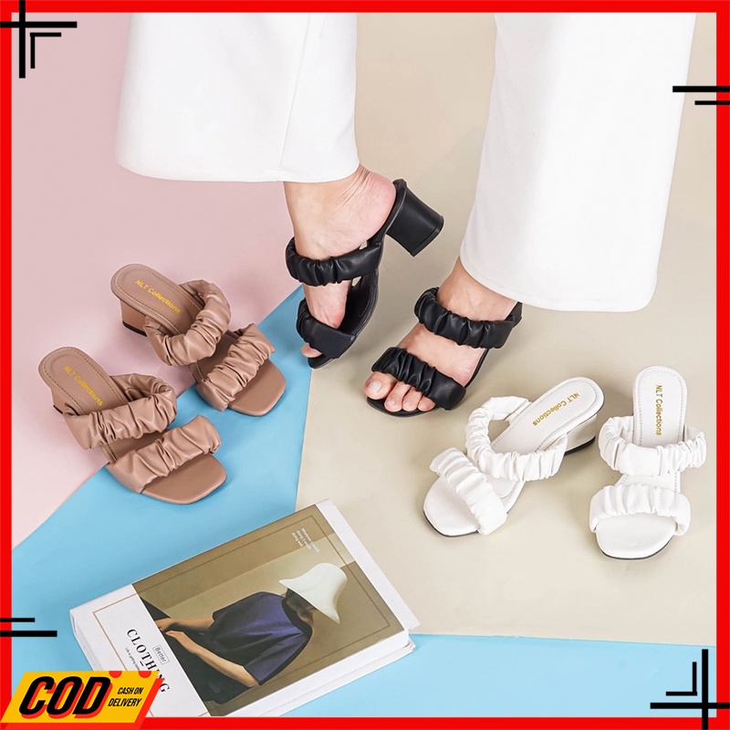 Sandal Hels Hak Tahu Hils Heels Wanita Tinggi 5cm Hitam Putih Sendal High Hells Heels Hak Tahu Heel 
