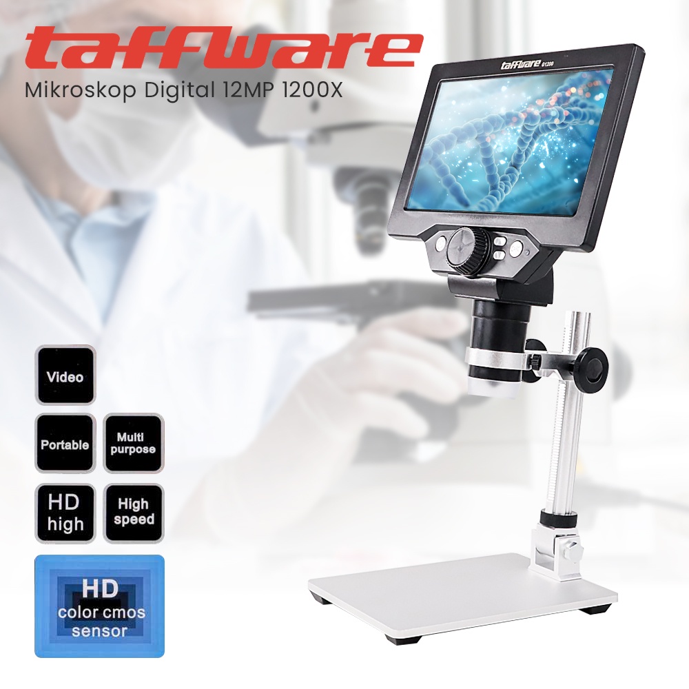 Taffware Mikroskop Digital 12MP 1200X Monitor &amp; Metal Stand - G1200 - Silver