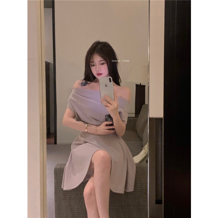 Red Seksi Cantik Kembali Gaun Satu Bahu Wanita Musim Panas High-End Temperamen Slim Pinggang A-line Rok Pendek Lengan Pendek rok