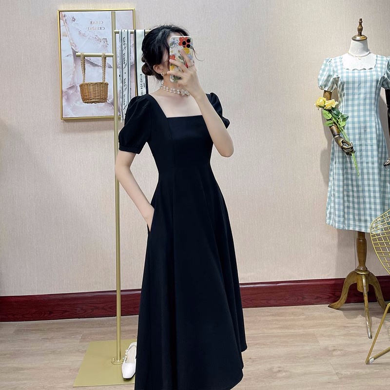 EUNII Versi Maxi Gaun hitam Minimalis Lengan Pendek Untuk Wanita Korean Style