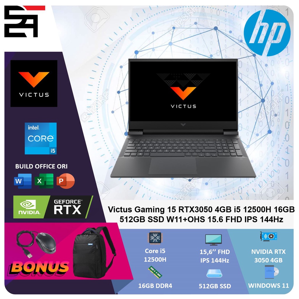 Hp Victus Gaming 15 FA0011TX RTX3050-4GB i5 12500H 16GB 512GB SSD W11+OHS 15.6 Inchi FHD IPS 144Hz