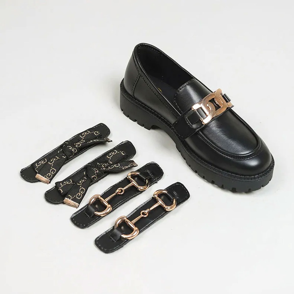 Sepatu Docmart Wanita Rantai Logam Gold Premium Terbaru Fashion Korea Flat loafers Kasual Mary janes Hitam ST043