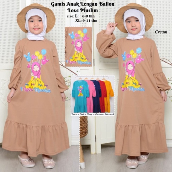 baju muslim Gamis Anak Perempuan model Lengan Balon Love Muslimah - mustard L Murah Berkualitas