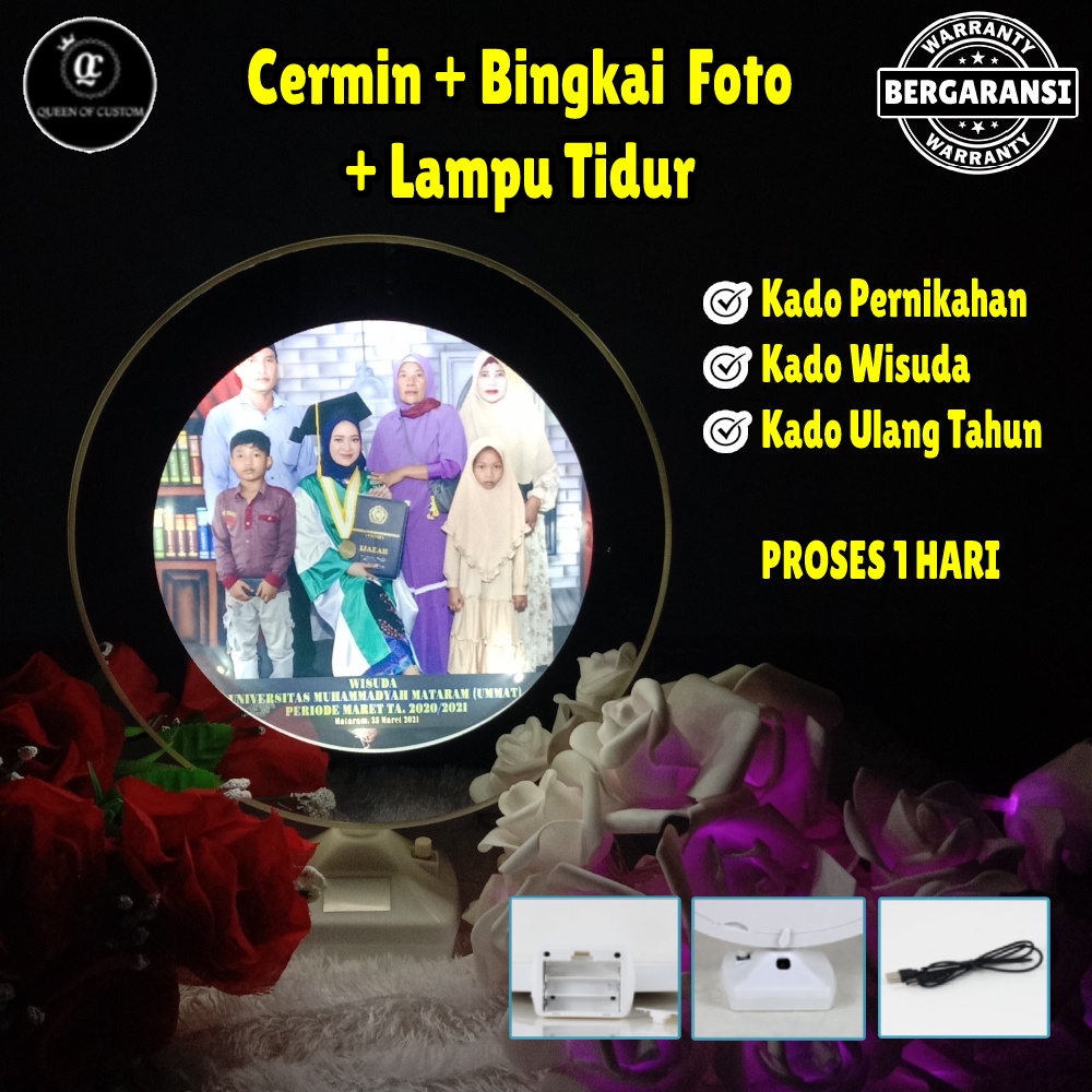 BERGARANSI Cermin Custom + Bingkai Foto + Lampu Kamar Tidur Meja Dekorasi Moonlight LED Bulat Aesthe
