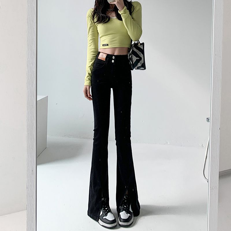 Red Celana Jeans Wanita Lebar Pinggang Tinggi Celah Sedikit Berkobar Musim Semi 2023 Baru Elastis Tipis Lebar Kaki Mengepel Celana Berkobar Tide