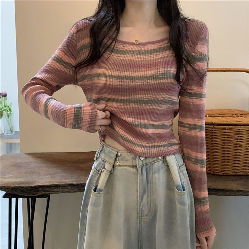 Red Awal Musim Gugur 2022 Gaya Korea Baru Slim Kerah Persegi Slim Bergaris Kemeja Wanita Lengan Panjang Rajutan Sweater chic Top