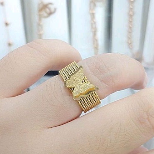 Cincin Titanium Motif Kupu Gold Anti Karat Perhiasan Wanita 203a1