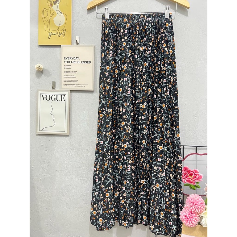 B-01 pleated skirt floral korean style | rok plisket motif bunga | rok panjang wanita