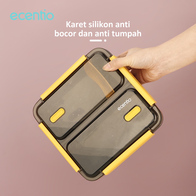 ecentio lunch box set tempat makanan 3 sekat anti tumpah/cangkir sup cup plastik tahan panas lengkap dengan hitam tas bekal bag