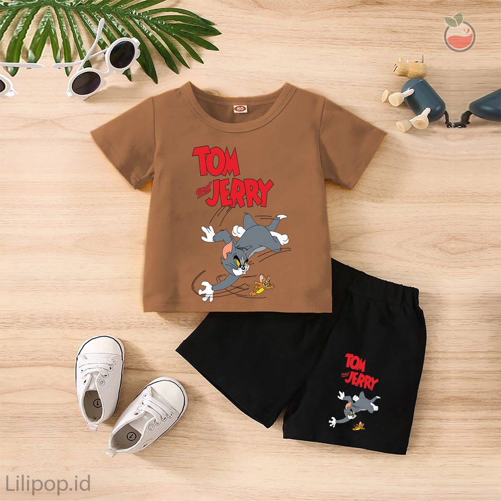 Baju Anak Stelan Kaos 3/4 tom jerry Cowok Cewek  Usia 1-4 Tahun Celana Pendek Harian