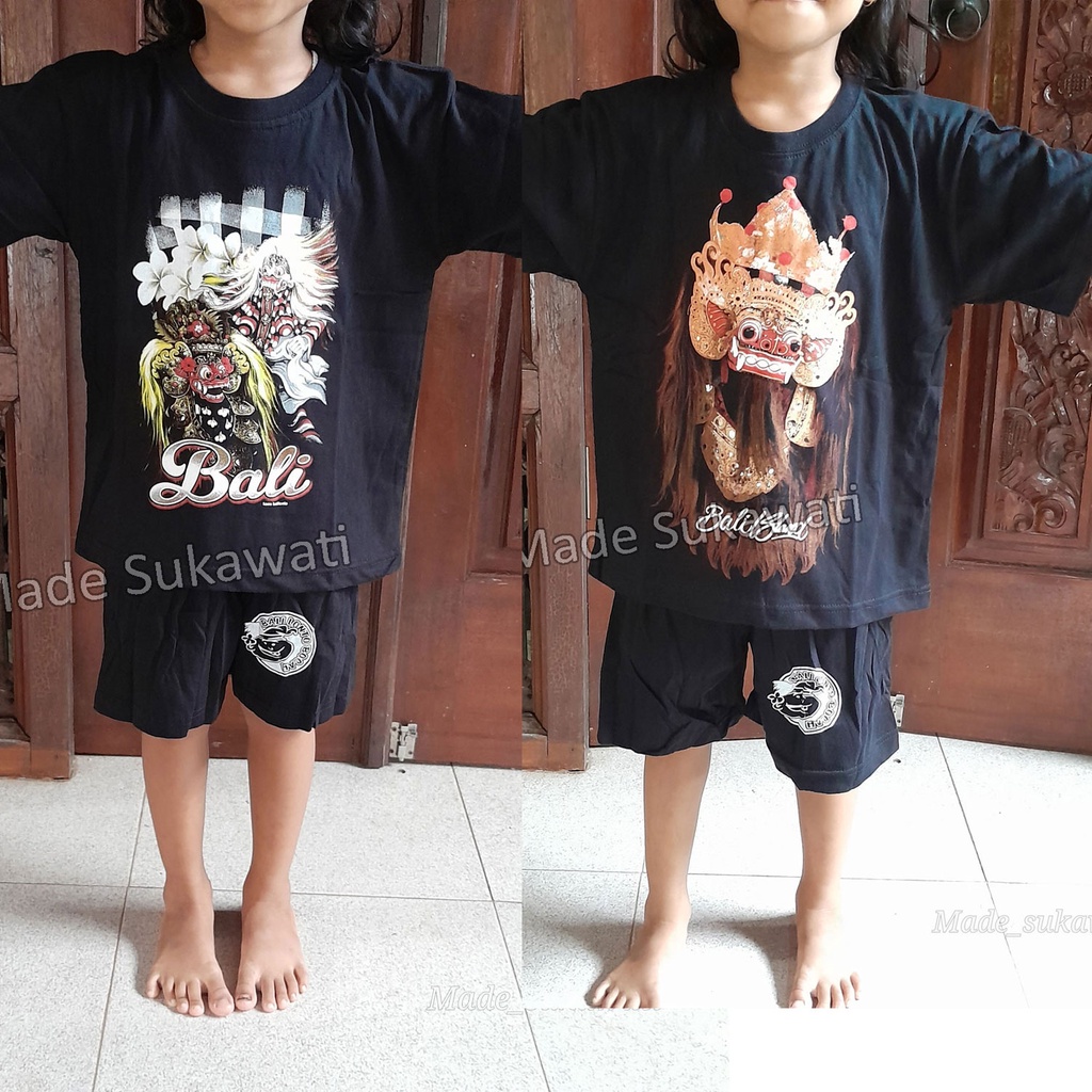 Setelan baju kaos celana anak Katun Barong Rangda Bali Lonto Bocah