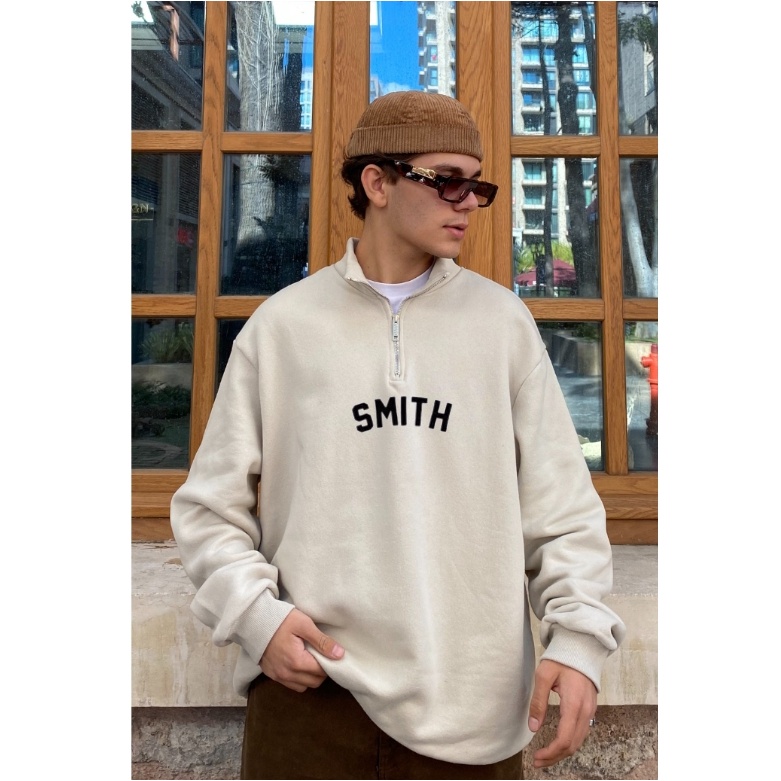 Halfzip Sweatshirt  House Of Smith /  Sweater  Beige Logo Teks Kapital / Crewneck Unisex ( Pria Wanita )