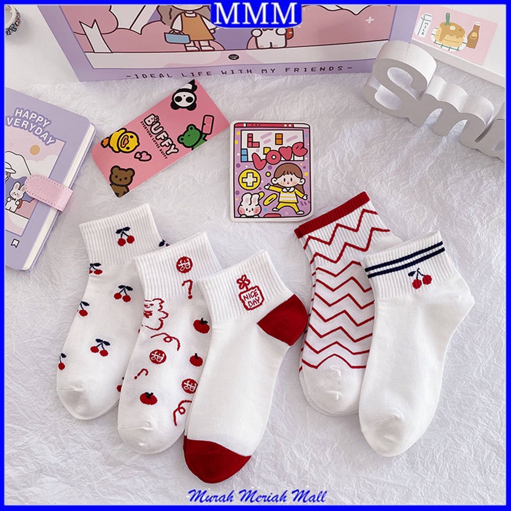 MMM  Kaos Kaki Wanita Motif Cherry Merah 6586 Kaos Kaki Pendek Fashion Korean Unisex Semata Kaki Red Cherry Socks Import Ankle Socks Korean Model Simple Cute