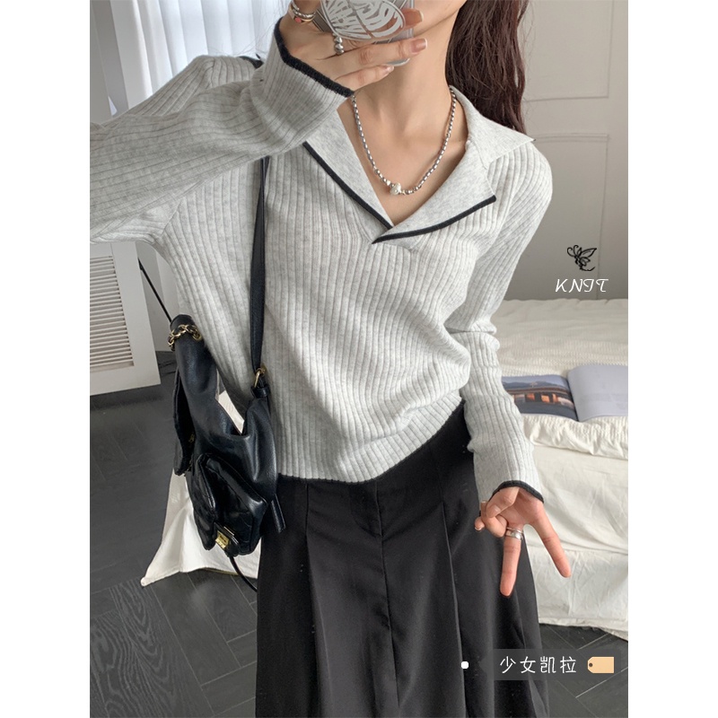 Korean Atasan Rajut Wanita V Neck Lengan Panjang Sweater Knit Polos Crop Knitted