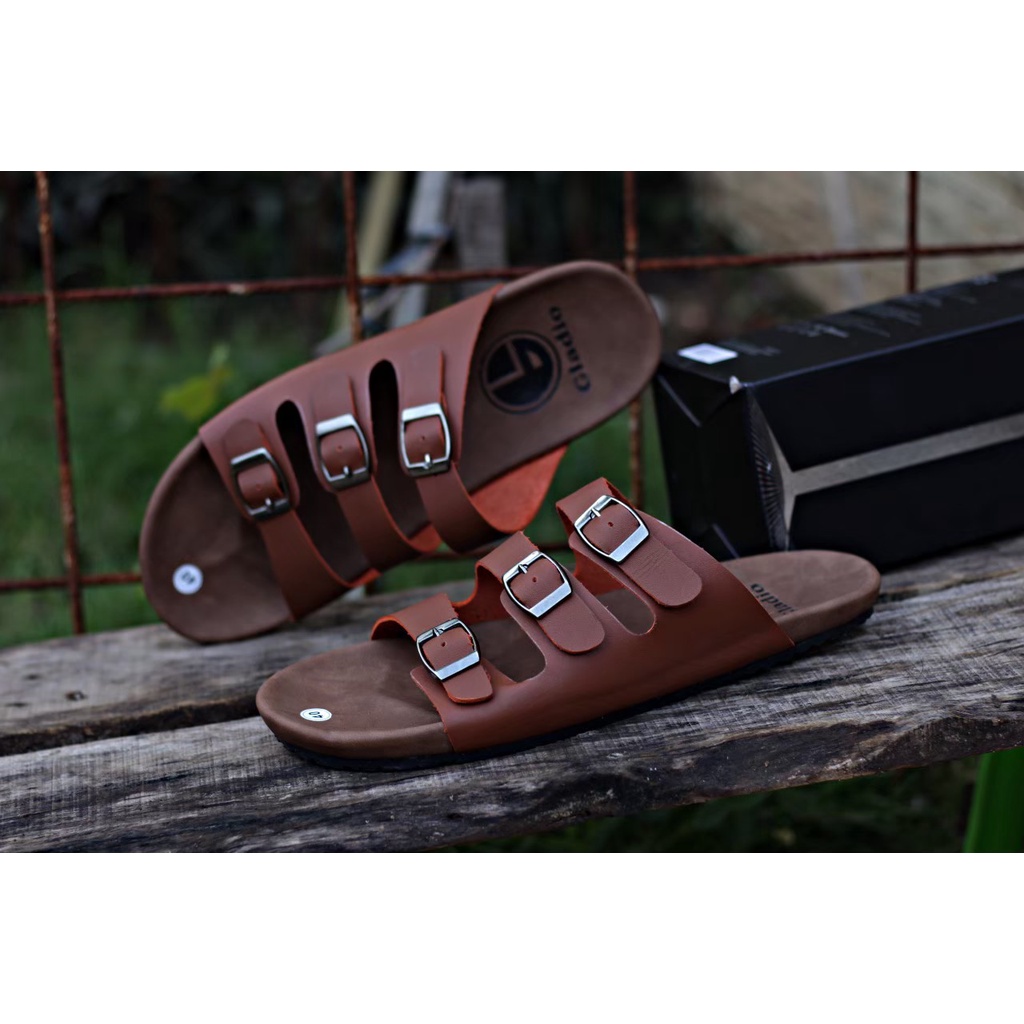 Fatimahshoes Sandal Slide kulit Kasual Santai Fashion Pria Coklat