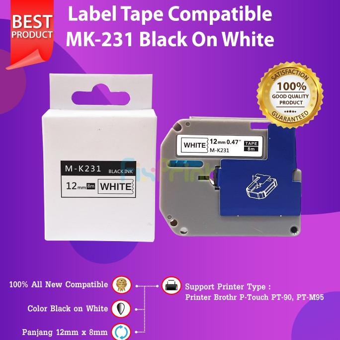 

Label Tape Compatible 12mm MK-231 M-K231 Black on White PT-90 PT-M95