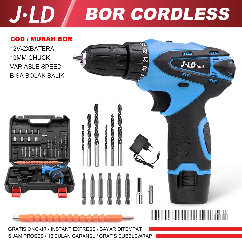 JLD 12V mesin bor baterai 10mm bor cas 2 baterai bor batre set bor cordless include mata koper kayu/screw/beton/wall bisa COD