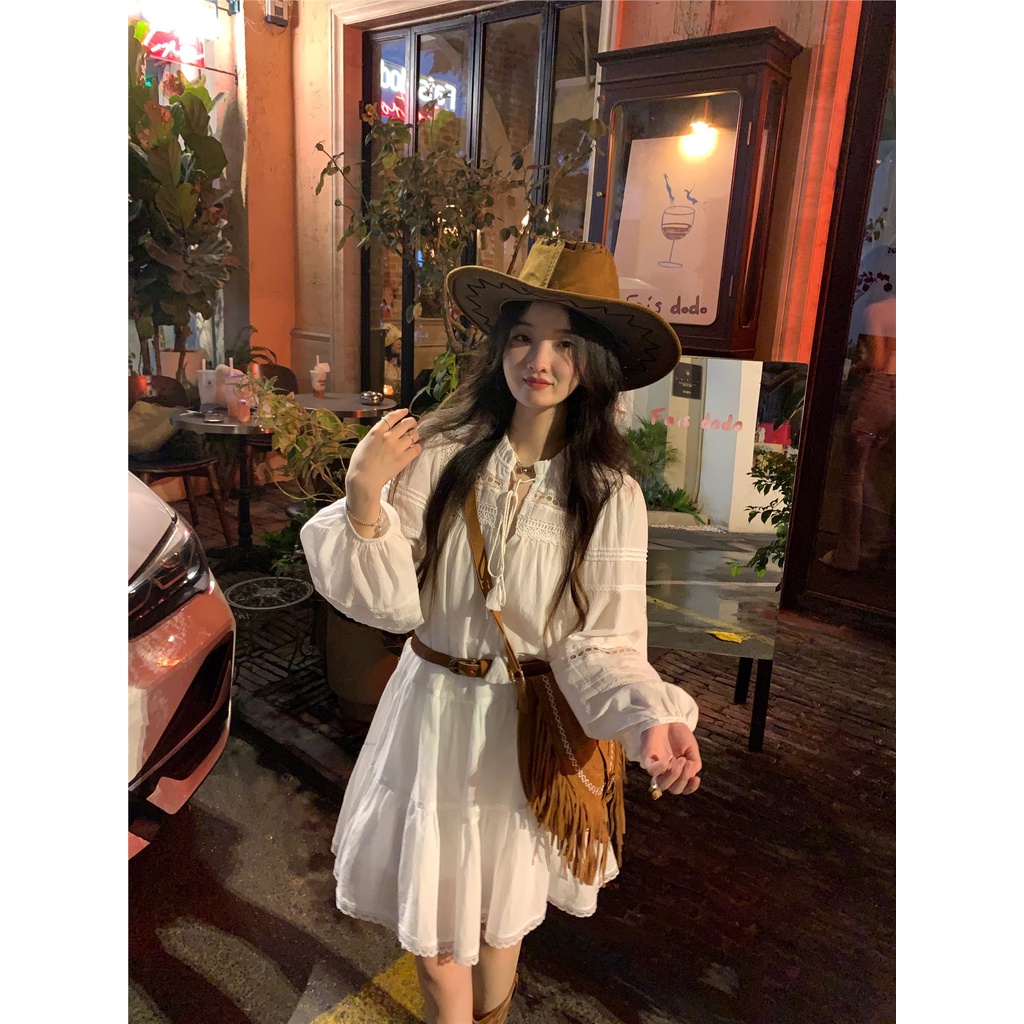 Red Kumikumi ceruk desain dasi berongga gaun wanita musim semi rok boneka lengan panjang putih rok pendek