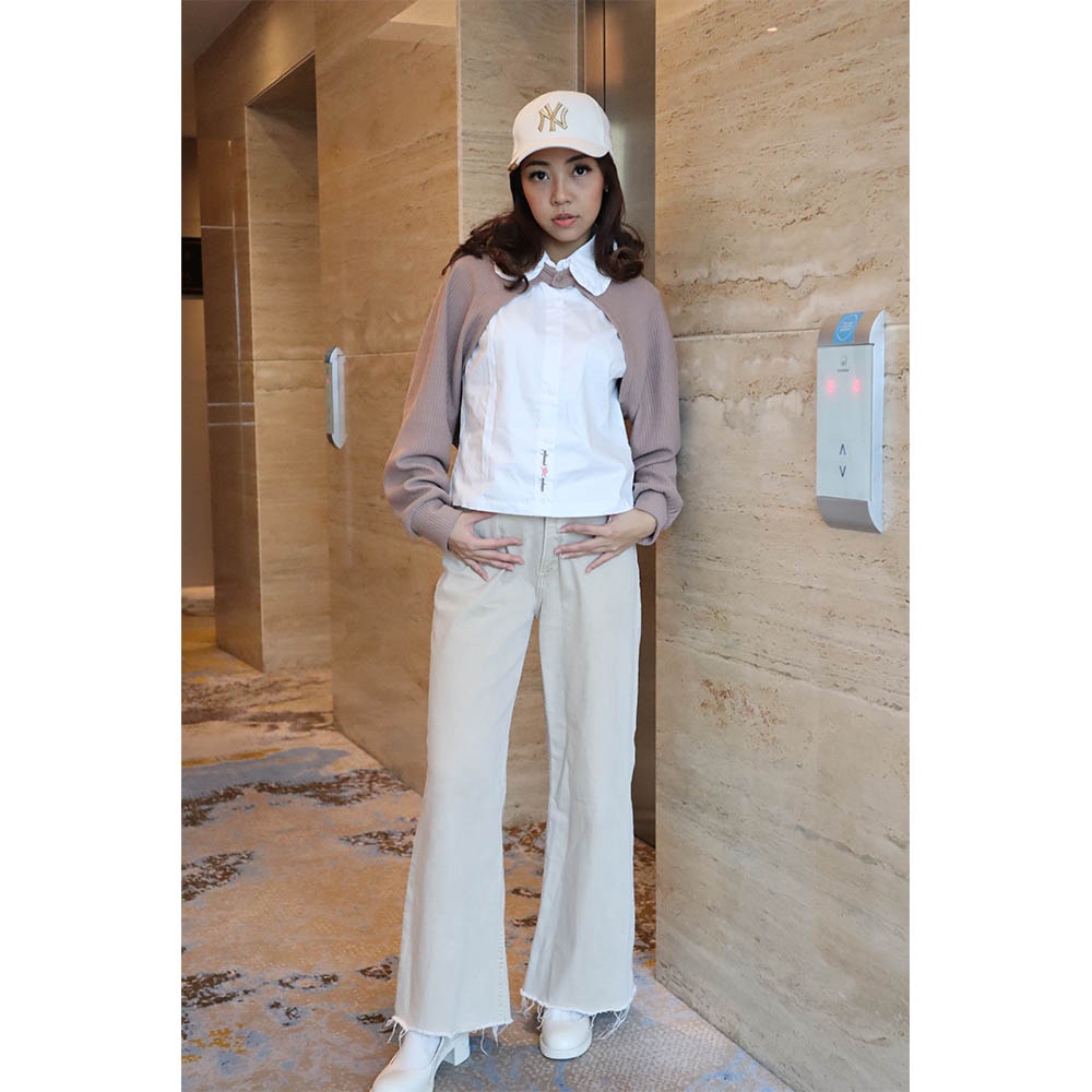 Kemeja Outer Cardigan Missty Wanita Warna Putih Outer Cokelat Model Korea Best Seller (Kalmia 193)