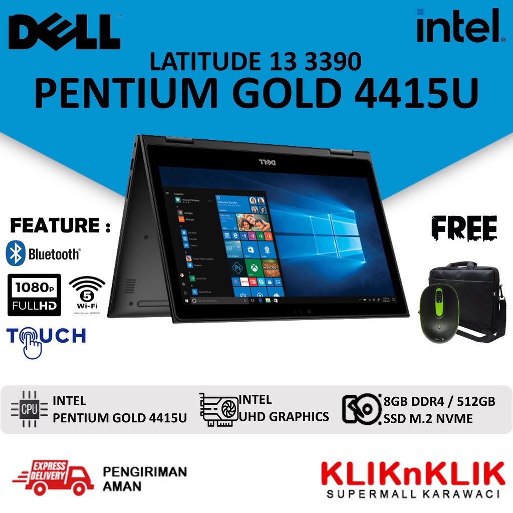 LAPTOP MURAH DELL LATITUDE 13 3390 2IN1 TOUCHSCREEN INTEL PENTIUM GOLD 4415U FULL HD WIN 10 PRO