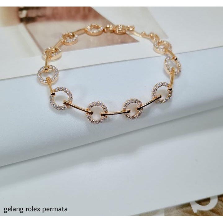 GELANG TANGAN ROLEX PERMATA DEWASA PERHIASAN IMITASI LAPIS EMAS