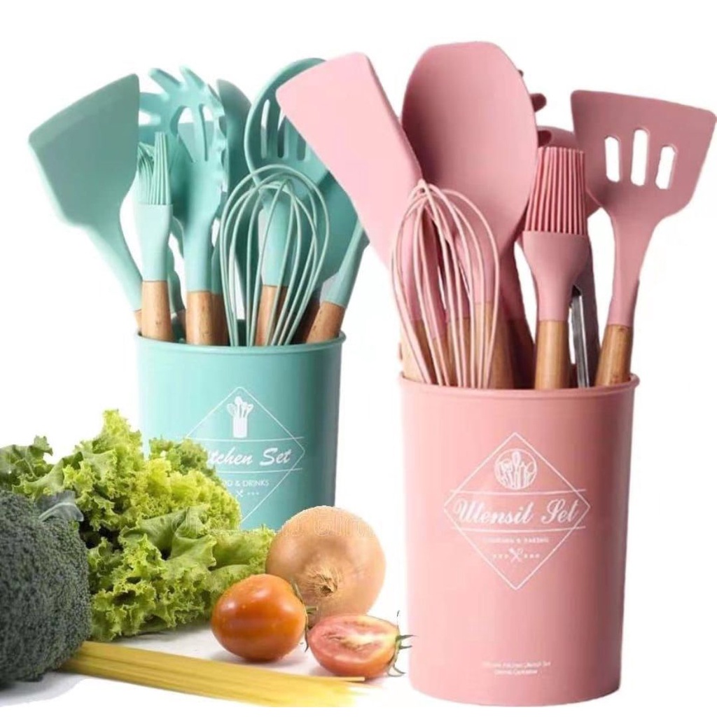 SPATULA SILIKON SET 11IN1 FOOD GRADE SILICONE SUTIL FREE WADAH UTENSIL