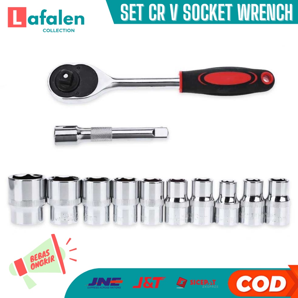 Kunci Shock Set Vanadium 12 Pcs / Kunci Sok Set Rachet Wrench Socket Vanadium 1/4 Handle