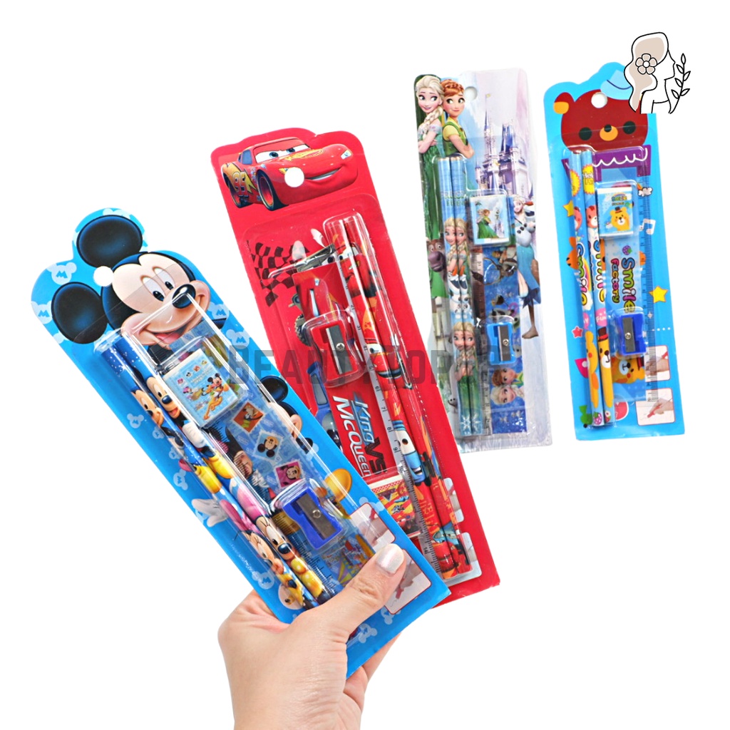 

Paket Alat Tulis 5 in 1 / Mini Stationery Set / Perlengkapan Sekolah Karakter Lucu / Pensil Serutan Penghapus Penggaris