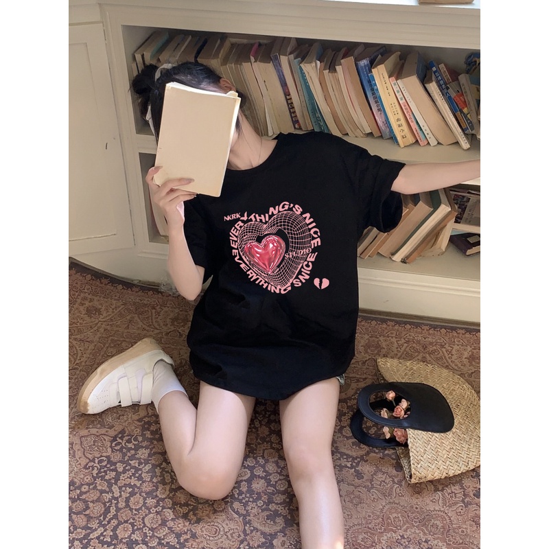 EUNII T-shirt Lengan Pendek Cartoon Pink Love Korean Style/Kaos Atasan Wanita/Baju Kaus Oversize Wanita/Kaos Wanita