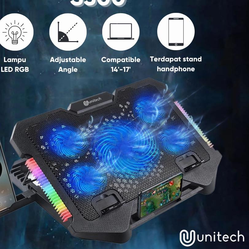 ☇ Coolingpad Gaming Unitech 5 kipas RGB Plus Docking Handphone S500 / Kipas Laptop Gaming Up to 17" 