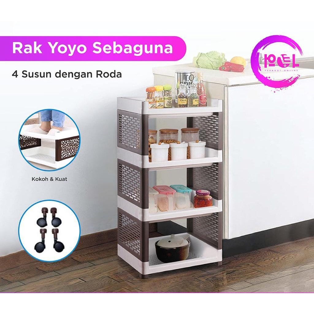 Rak Yoyo Plastik 4 Susun Rak serbaguna 4 tingkat Tanpa Roda