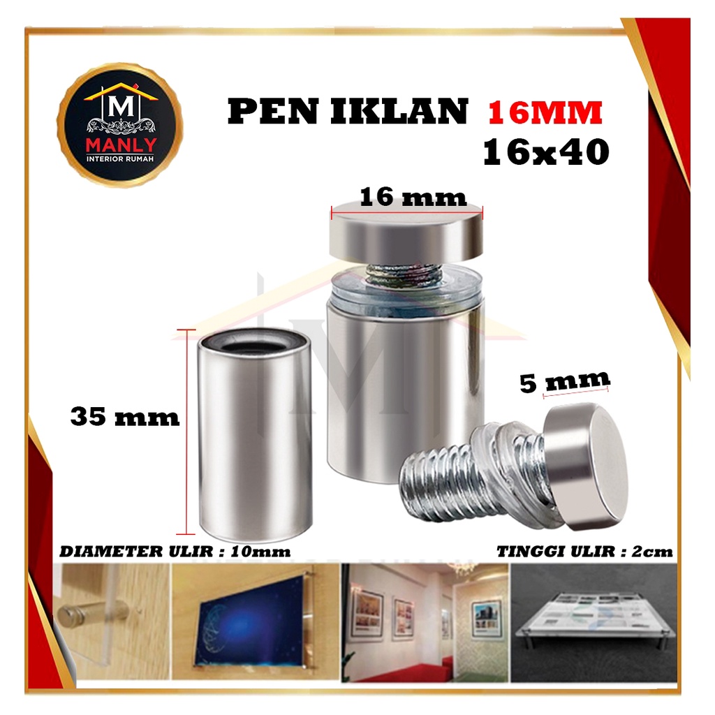 Pen Iklan 16 mm / Pen Baut Iklan Kaca Akrilik Sign Board Stainless Steel Dinding Reklame