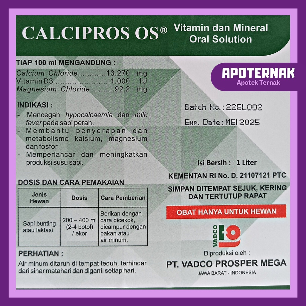 CALCIPROS OS 1 Liter | Meningkatkan Produksi Susu Sapi | Suplemen Kalsium Magnesium Vitamin D3 Untuk Sapi Bunting dan Laktasi | Mirip Calcidex Oral