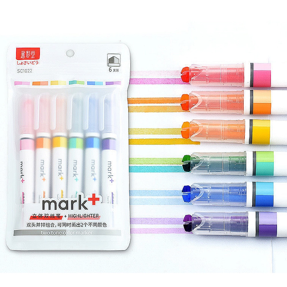 6Pcs Marker Pen Double Line Double Color Highlighter 2In1 Spidol Belajar Spidol Catatan Kerja Lucu Kantor Sekolah