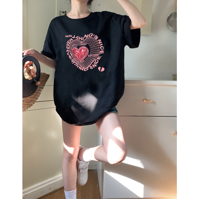 EUNII T-shirt Lengan Pendek Cartoon Pink Love Korean Style/Kaos Atasan Wanita/Baju Kaus Oversize Wanita/Kaos Wanita