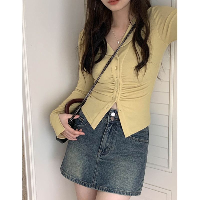 Red Spice Girl Sweetheart Stripe/Mustard Yellow V-Neck Fold Slim T-Shirt Lapel Cardigan Pendek