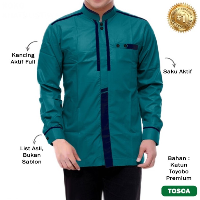 Promo lebaran 2023 - Baju Kemeja Pria Lengan Panjang KOKO Bahan Katun Toyobo - Tosca, M - Sedia baju