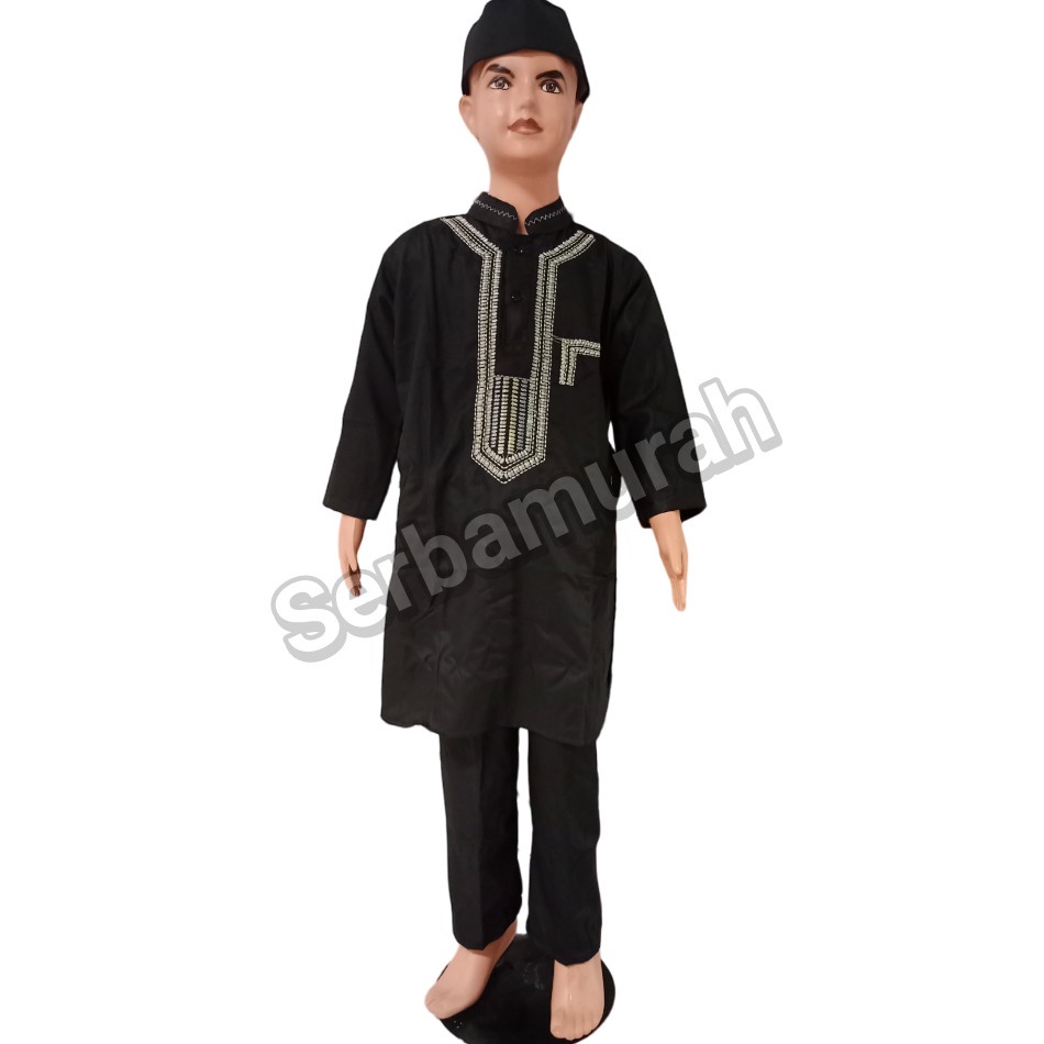 Setelan Koko Kurta Motif Bordir Warna Hitam