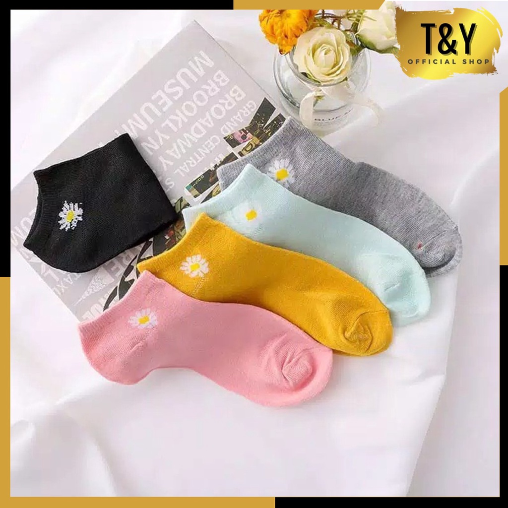 T&amp;Y Kaos Kaki Wanita Motif Bunga Aster Kaus Kaki Pendek Socks Kaos Kaki Bunga Daisy Korea Murah Import