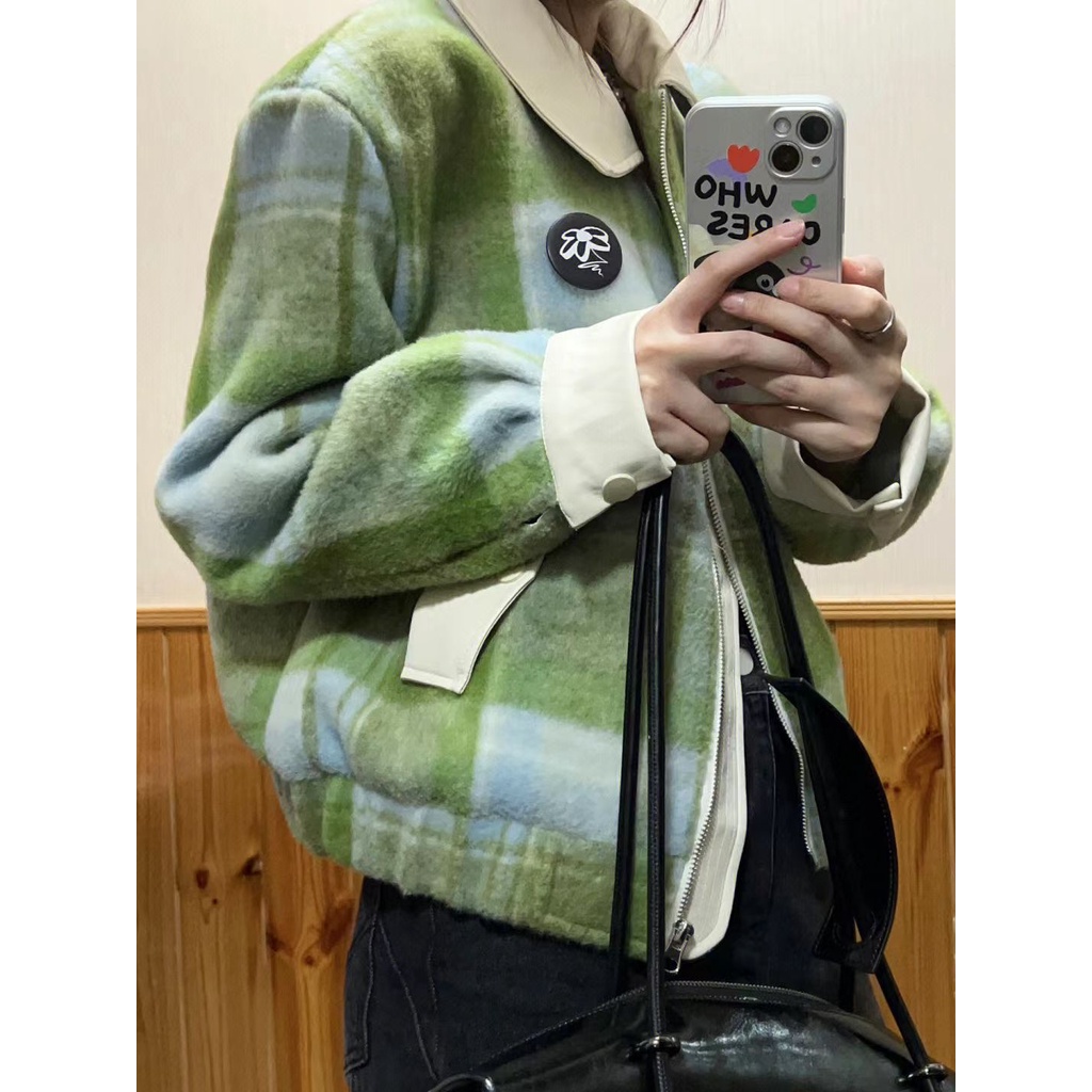 Red Dia Ping Musim Gugur dan Musim Dingin Kerah Warna Kontras Jahitan Retro Kotak-kotak Wol Pendek Gadis Panas Jaket Ritsleting Tebal Mantel Ins