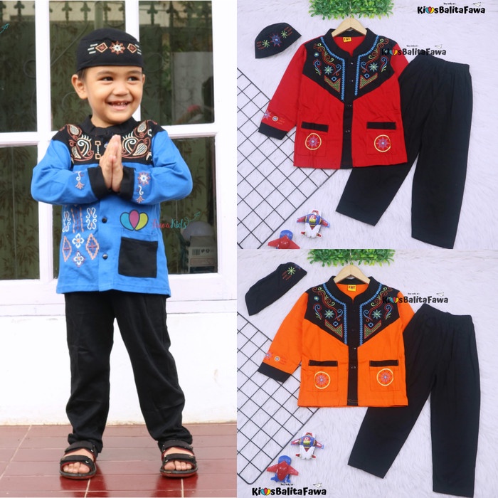 baju anak laki laki  Baju Koko Anak uk. 1-2 th / Muslim Setelan Laki Pendek Celana Panjang - Orange(
