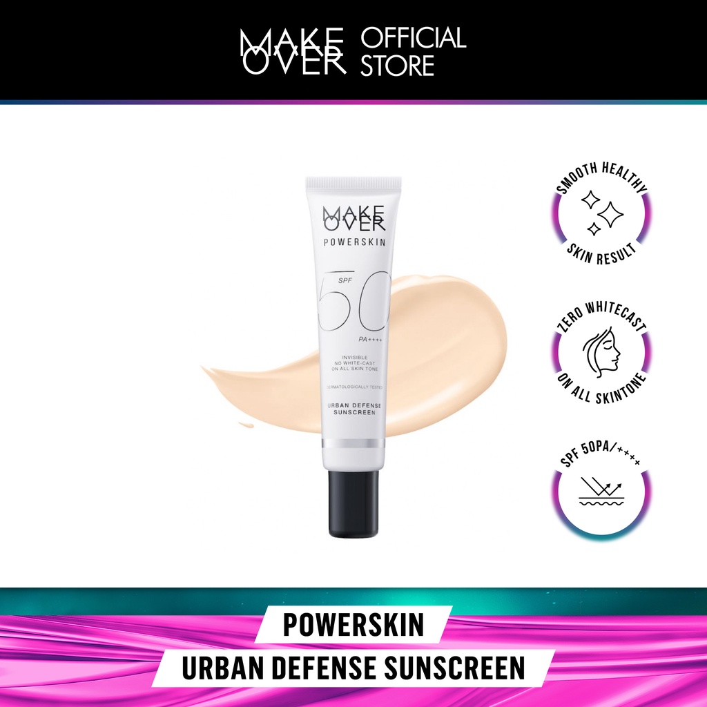 MAKE OVER Powerskin Urban Defense Sunscreen - Proteksi UVA UVB SPF50 PA++++ invisible tidak berwarna ringan tidak whitecast tidak flashback tidak lengket cocok semua warna kulit semua tipe make up